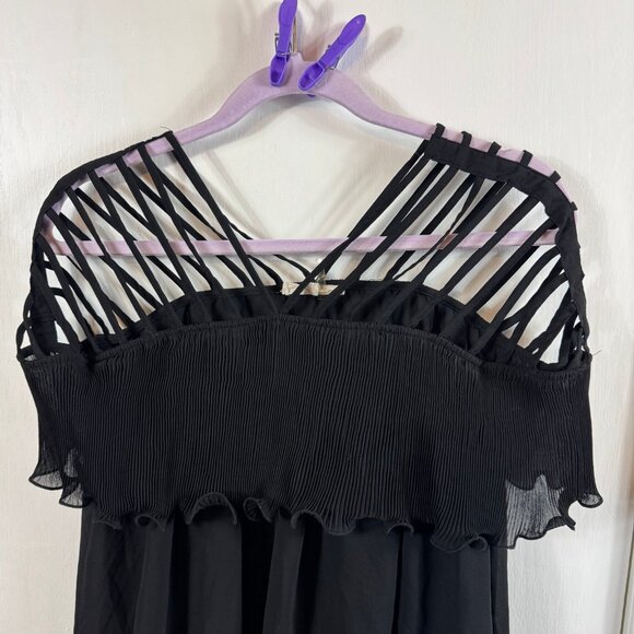 Entro Black Lattice Shoulder Pleated Ruffle Chiffon Blouse – Size Large - Picture 3 of 8